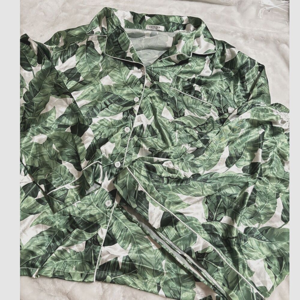 Ekouaer XL Satin Pajama‎ Set Green Tropical Leaf Print Button Front Sleepwear